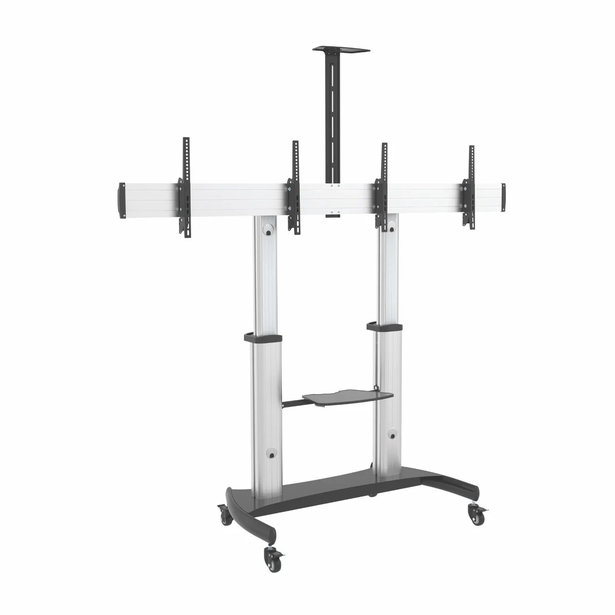Dual Screen Aluminum Height-Adjustable TV Cart With Media Shelf